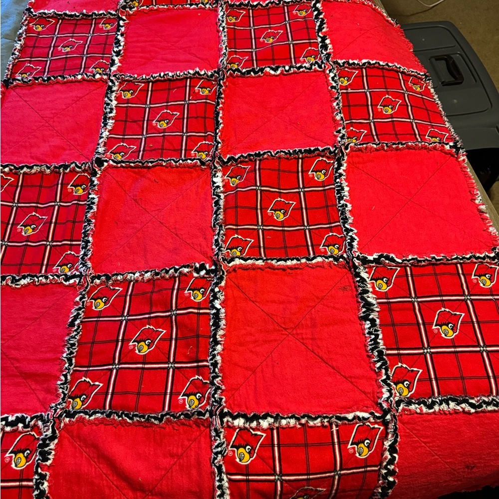 Red Plaid Patchwork Rag Quilt with Cardinal Motif